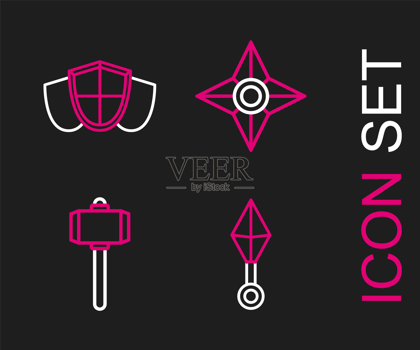 日本忍者手里剑、战斗锤和盾牌图标。矢量图。插画图片素材