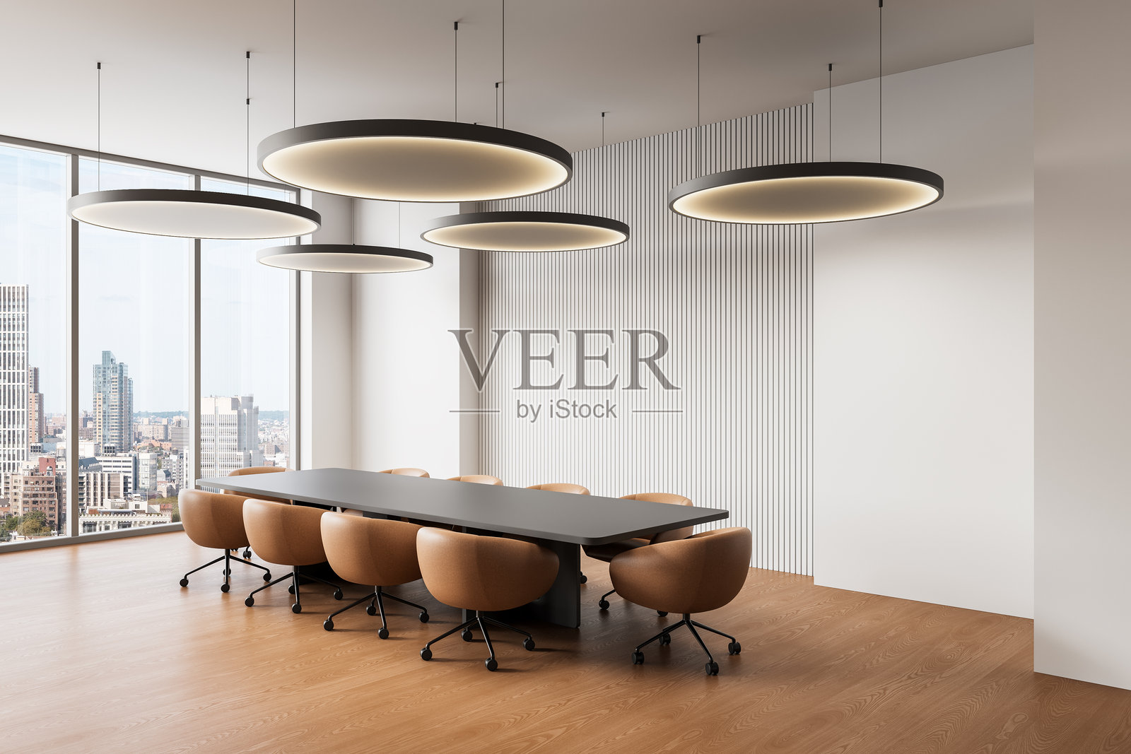 现代会议室，配有大桌子和时尚的照明。3D渲染照片摄影图片