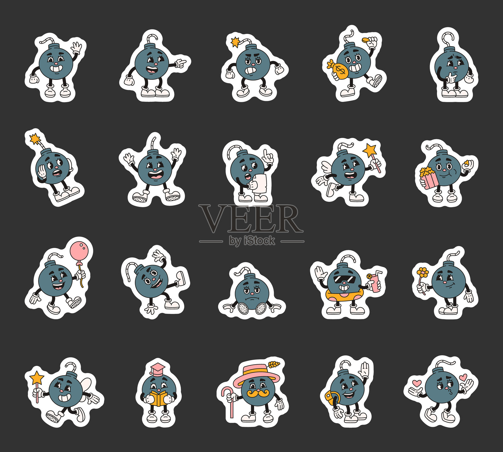 酷炫的卡通炸弹角色，微笑、生气、惊讶、害怕、快乐、沉思、阅读、飞翔、抱着、跳舞、坐着、吃东西、拥抱、亲吻插画图片素材