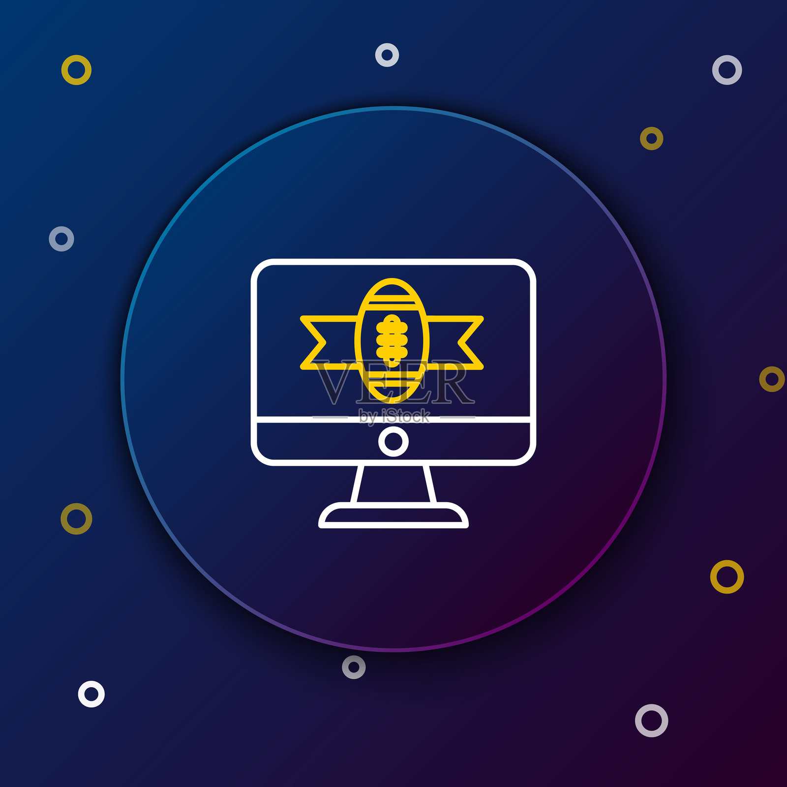 深蓝色背景上的白色和黄色线条美式足球电视节目图标。彩色轮廓概念。矢量插图。插画图片素材