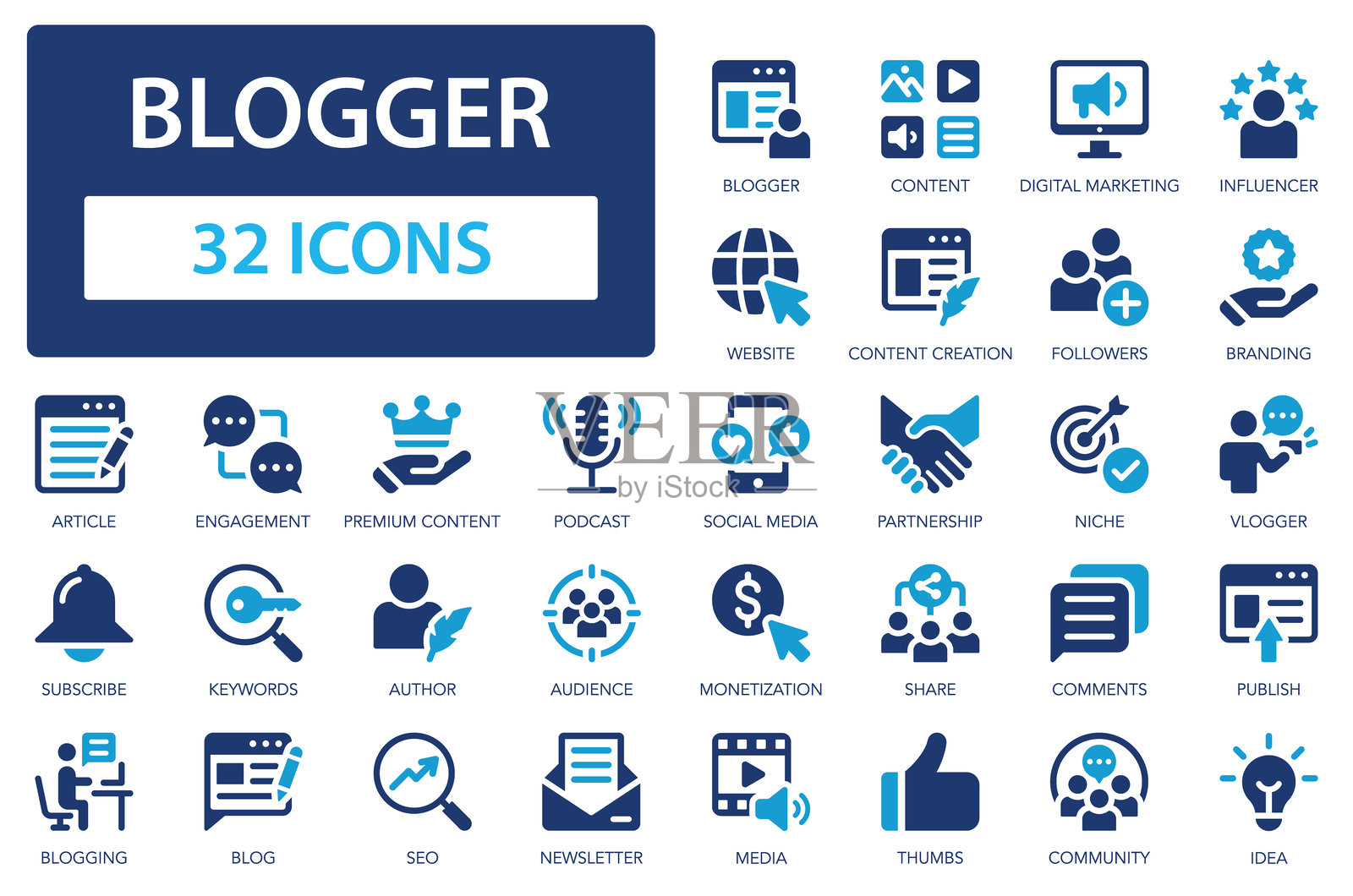 博主扁平图标集合。内容、社区、创意、影响者、媒体、内容创作、粉丝、品牌、播客、合作、优质内容、博客、货币化、受众、搜索引擎优化、营销标志集。插画图片素材