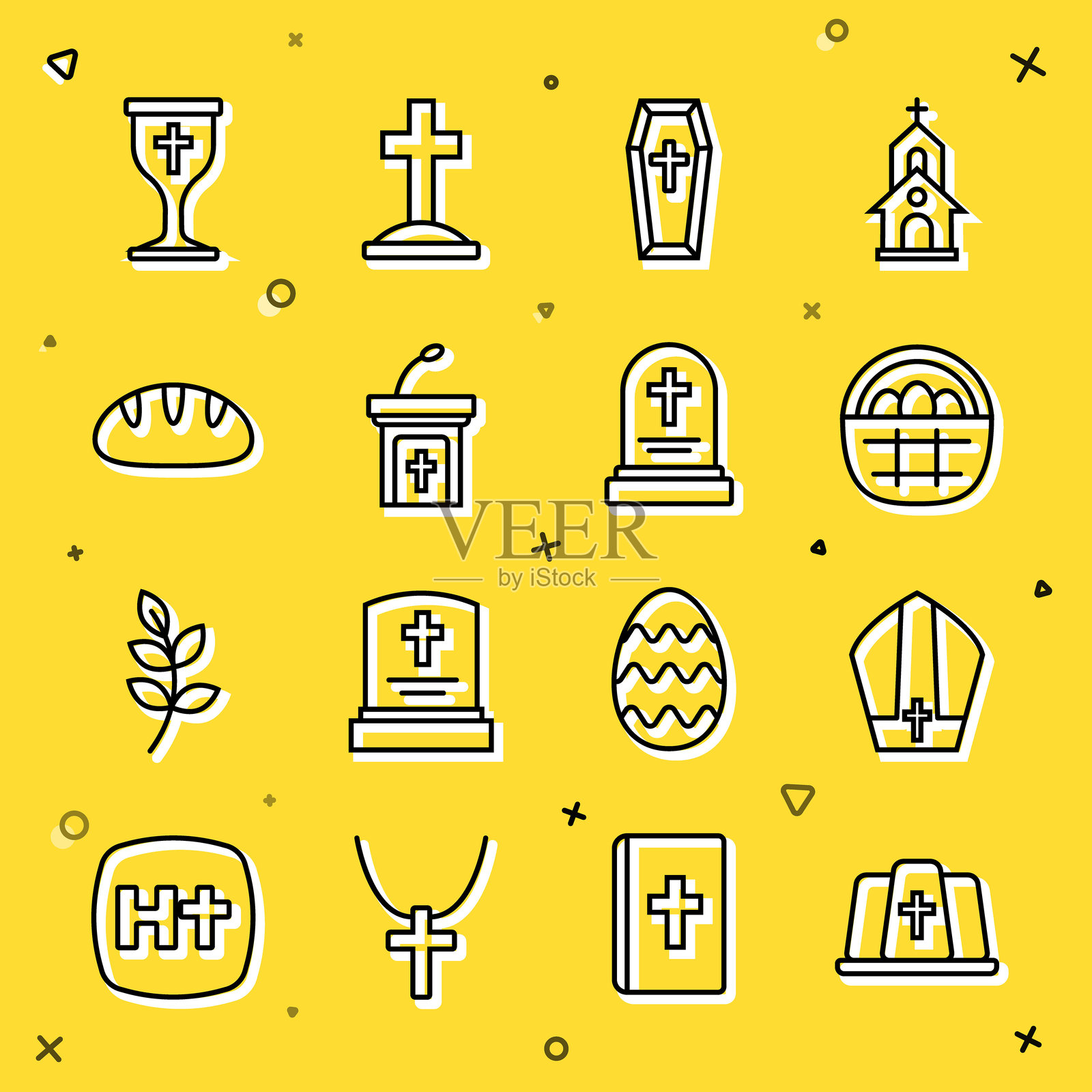 教皇帽、装满复活节彩蛋的篮子、棺材、教堂讲道台、基督教面包、圣杯和墓碑图标。矢量图。插画图片素材