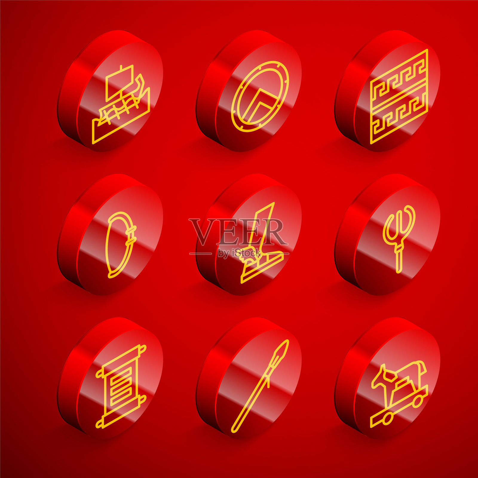 希腊三桅战船、盾牌、古代图案、中世纪弓、赫尔墨斯凉鞋、海王三叉戟、法令、羊皮纸、卷轴和矛图标。矢量图。插画图片素材