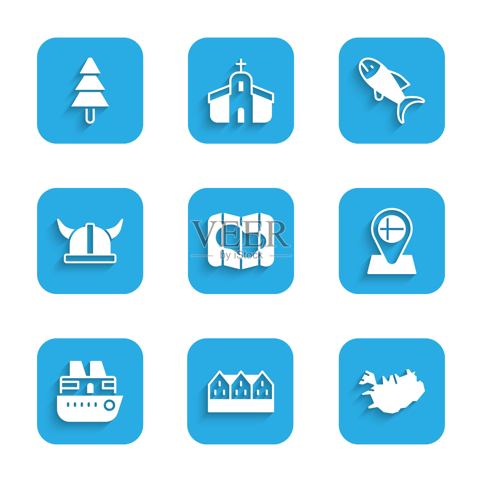 冰岛地图，挪威木屋，位置标志，游轮，戴角盔的维京人，鱼和树图标。矢量图。插画图片素材