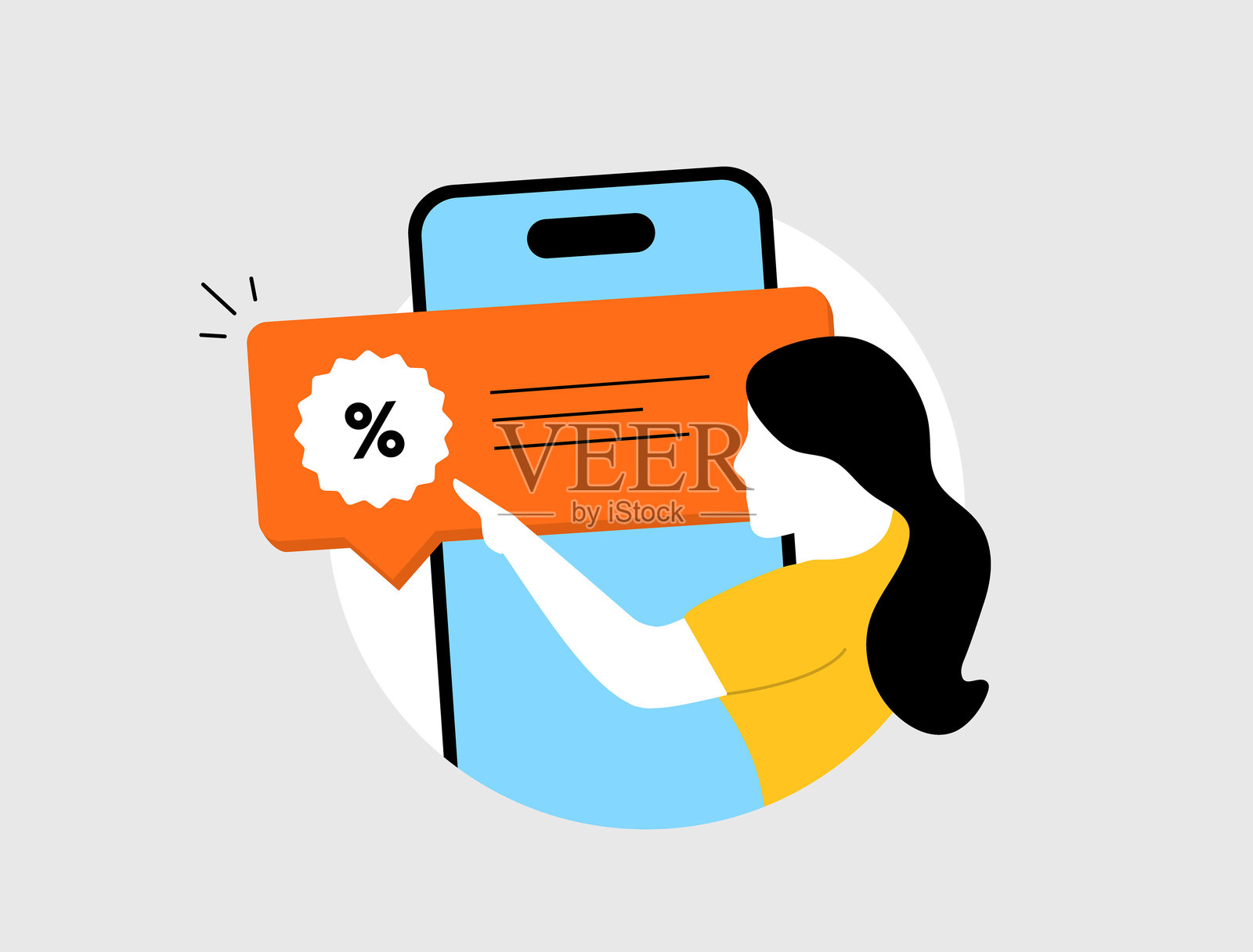 推送通知营销以提高Messenger互动和折扣。年轻女性与移动营销提醒互动。促销信息以提升点击率和销售额。矢量插图和图标插画图片素材