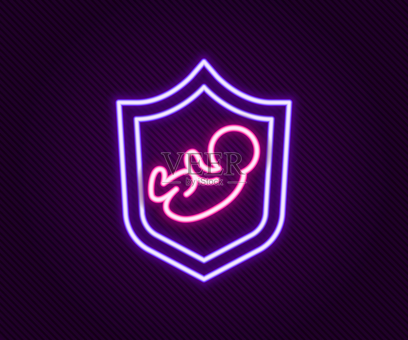 发光的霓虹线条，黑色背景上的婴儿护盾图标。儿童安全标志。彩色轮廓概念。矢量图。插画图片素材