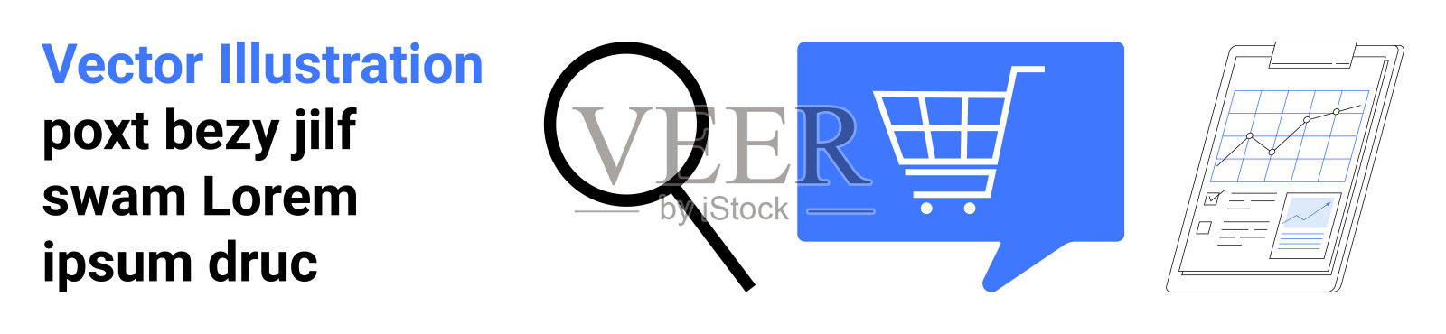 电子商务和购物分析元素，包含购物车、放大镜和分析剪贴板插画图片素材