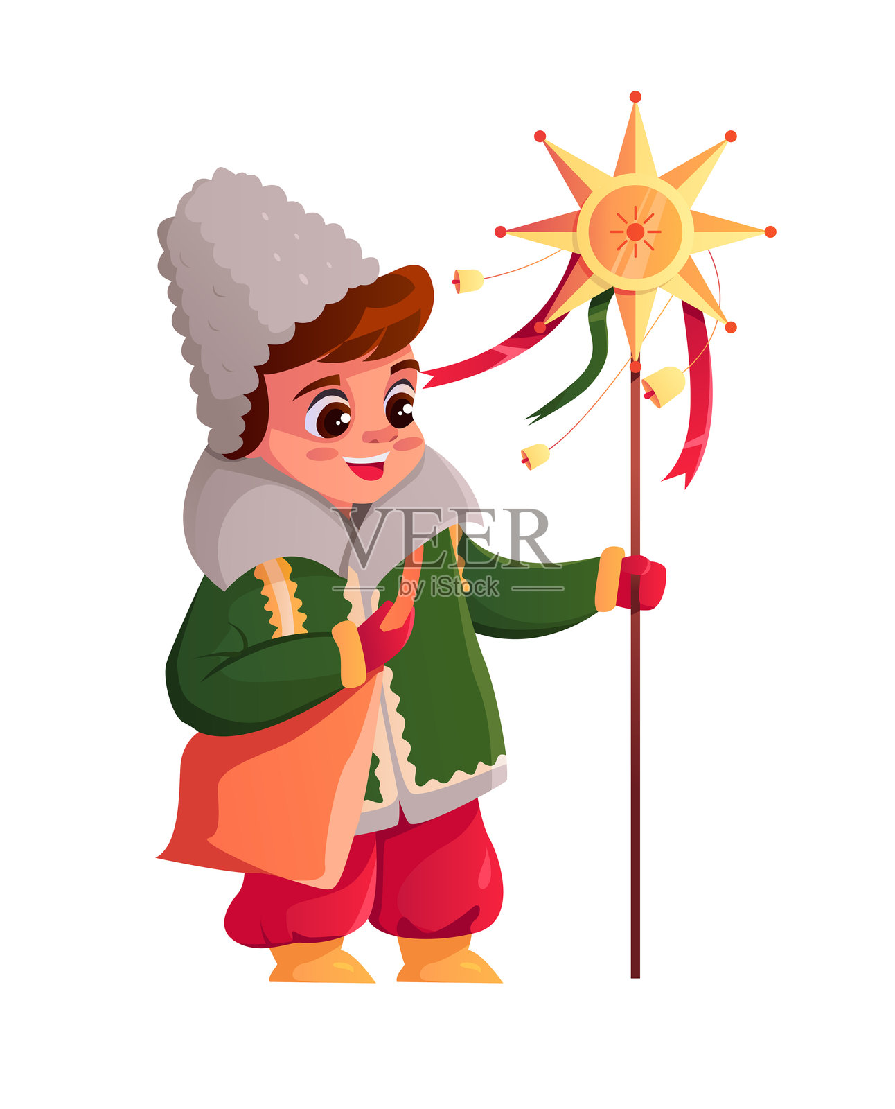 小乌克兰圣歌男孩手持圣诞星，背景为白色。乌克兰庆祝传统。卡通风格的可爱插图。插画图片素材