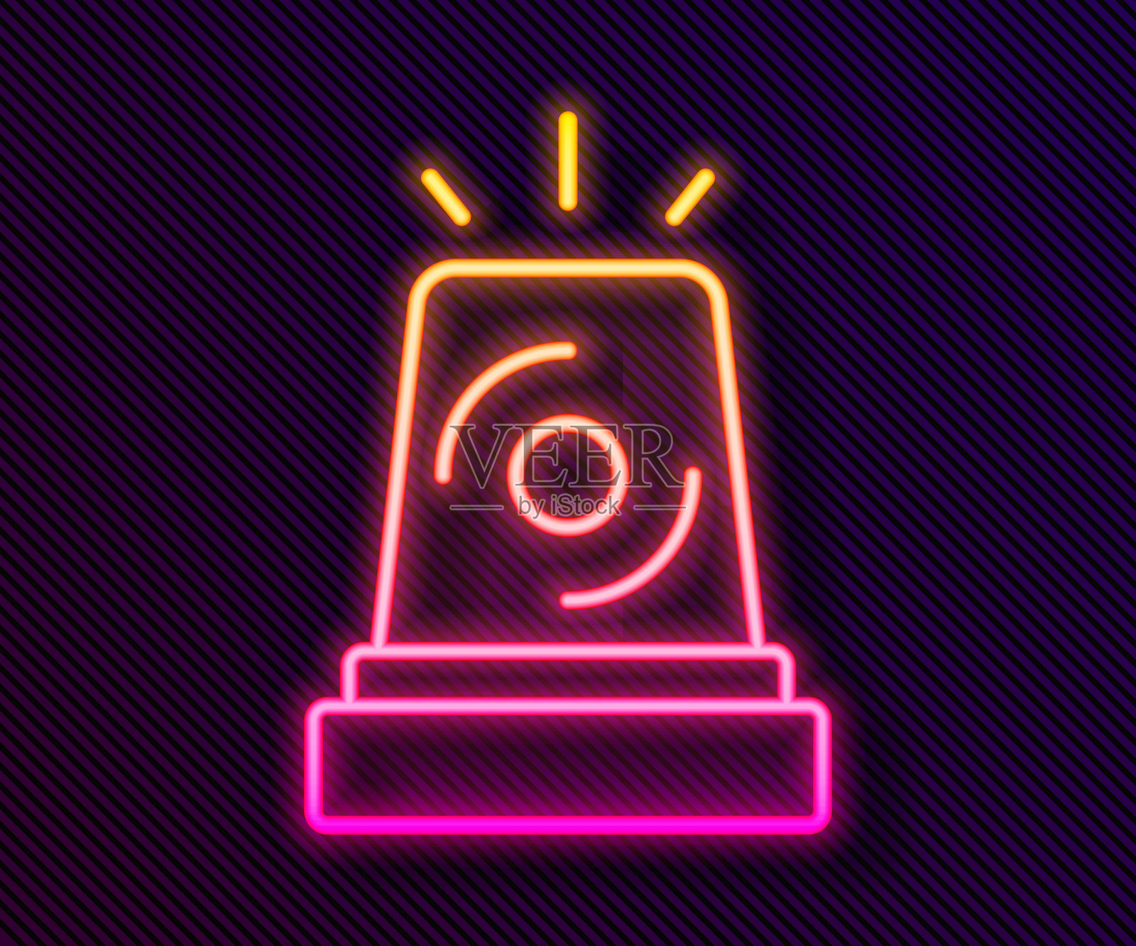 发光的霓虹线闪光警报器图标，背景为黑色。紧急闪烁警报器。矢量图。插画图片素材