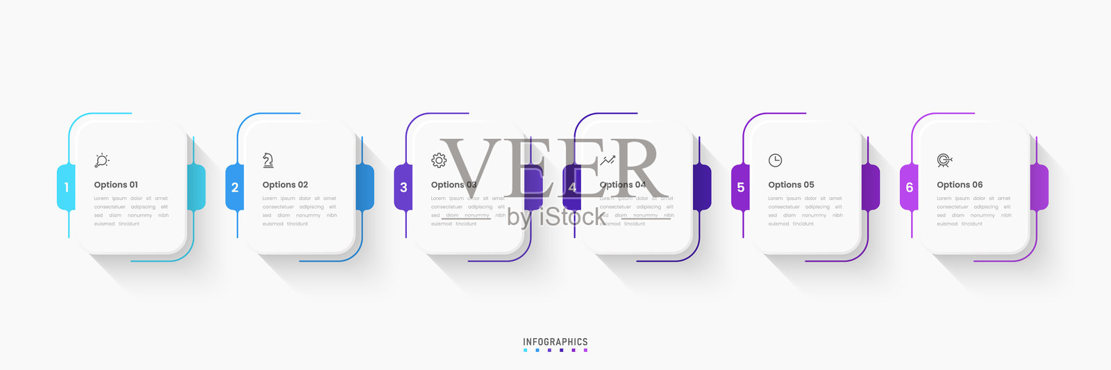 带图标的矢量信息图标签设计模板，包含6个选项或步骤。可用于流程图、演示文稿、工作流程布局、横幅、流程图和信息图。插画图片素材