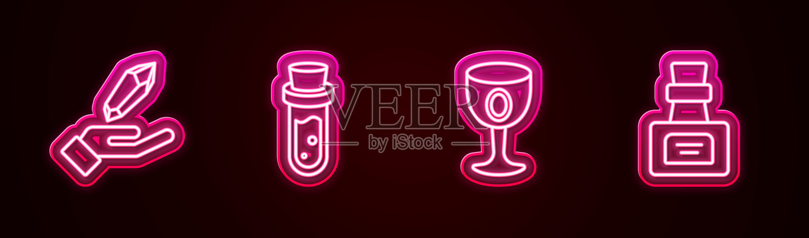 魔法石、装有药水的瓶子、中世纪酒杯和发光霓虹图标。矢量图。插画图片素材