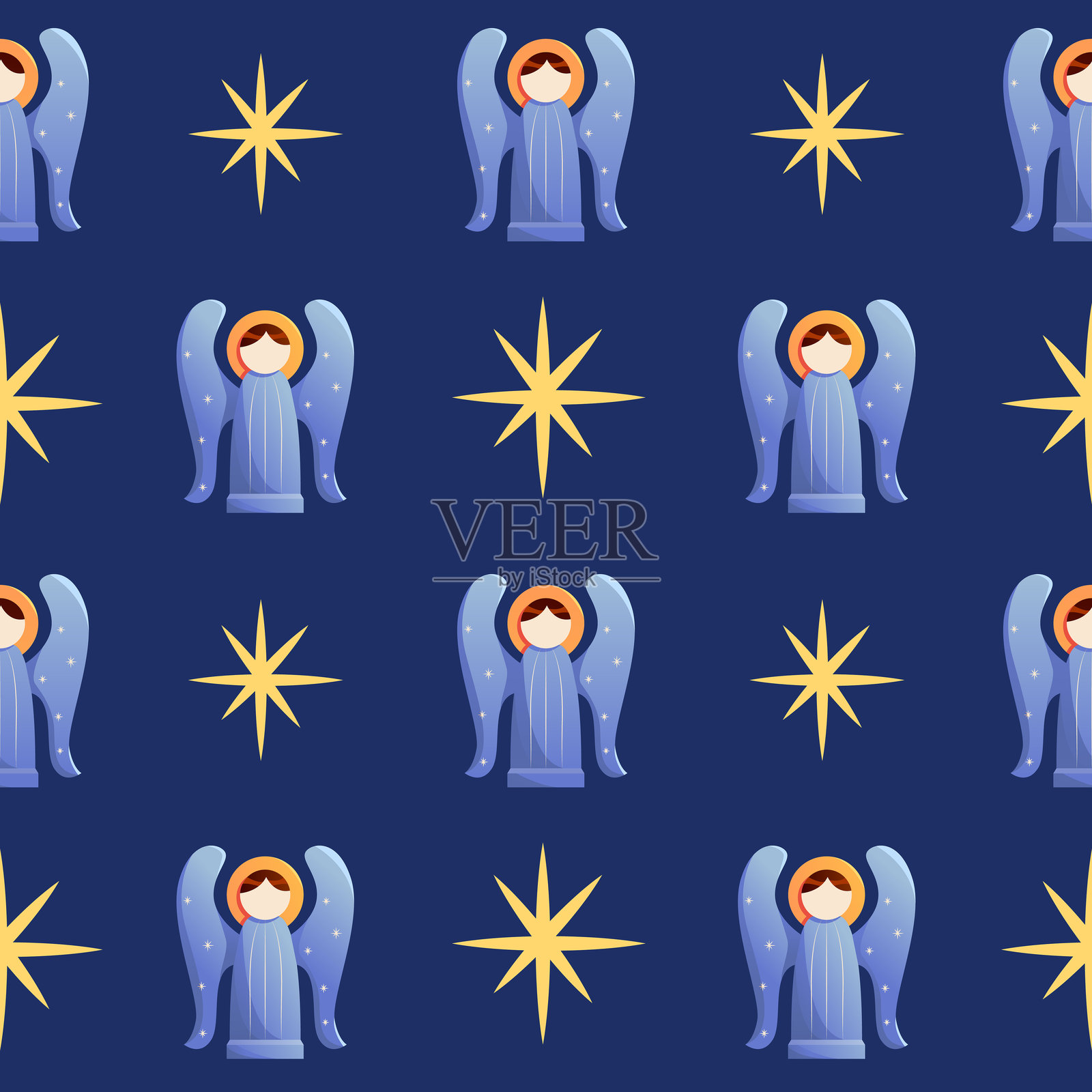 蓝色背景上的天使和星星的圣诞无缝图案。可爱的卡通风格矢量插图。插画图片素材