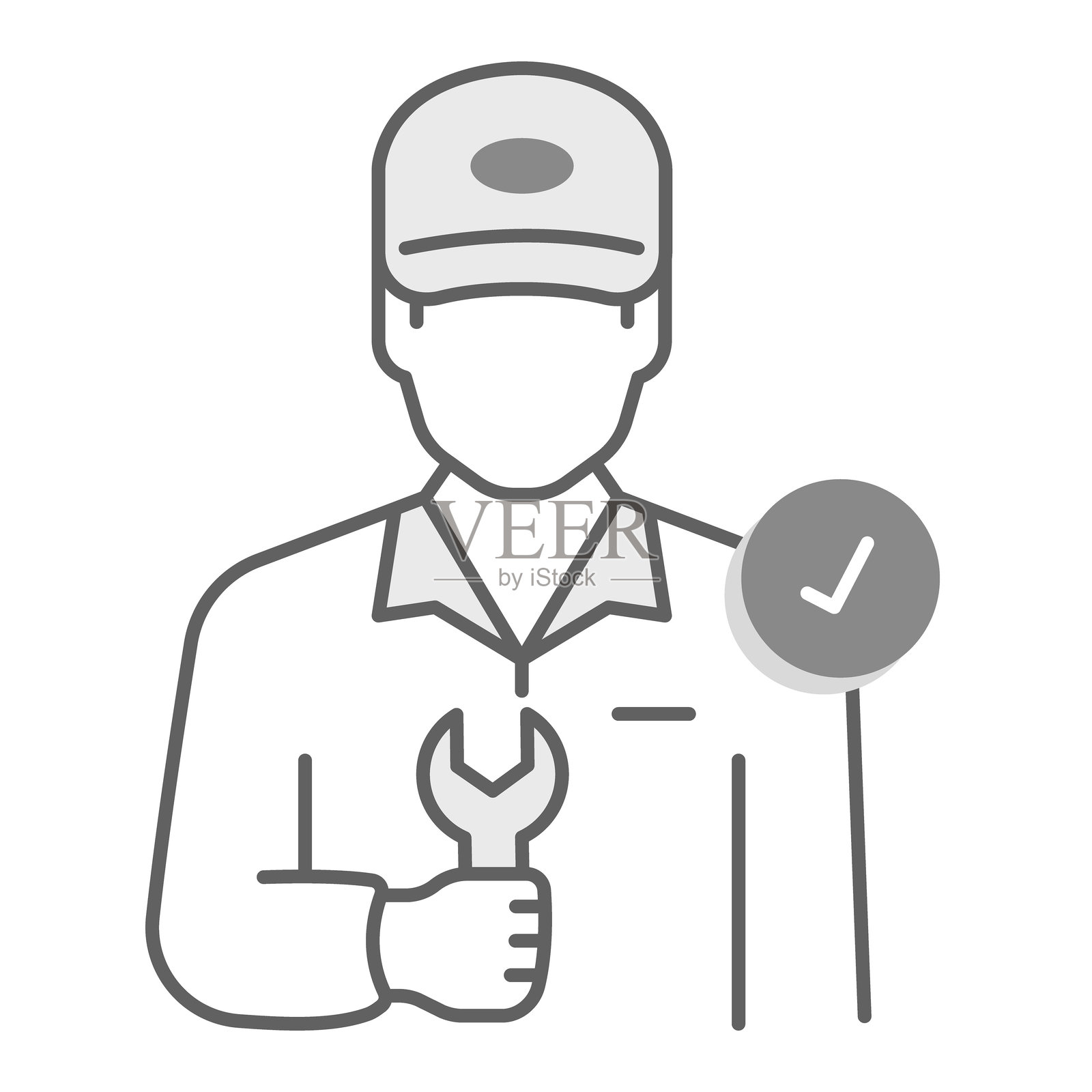 技术人员图标。工人手持扳手，佩戴徽章以代表技术支持和维护。插画图片素材