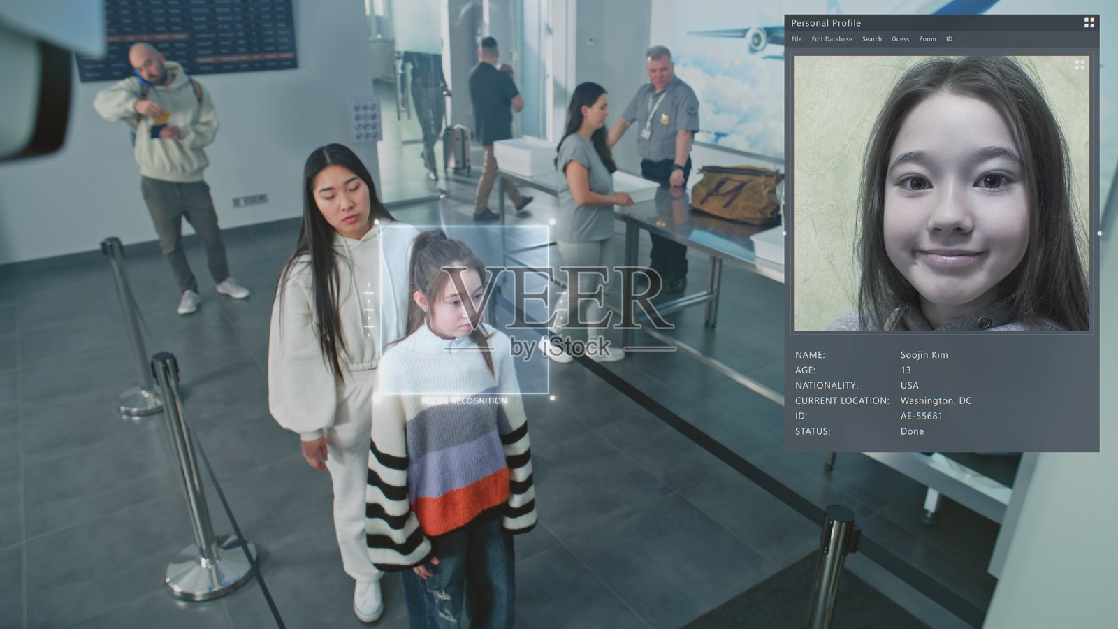 机场安检：配备人工智能生物识别面部识别的监控摄像头照片摄影图片