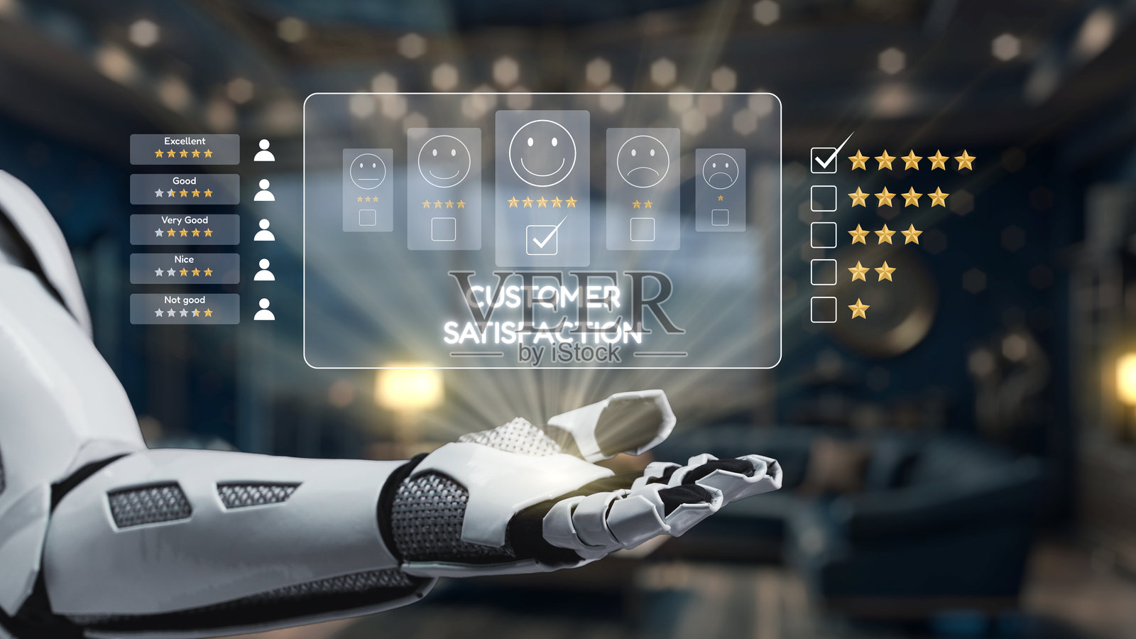 未来派机器人手在现代数字环境中展示客户满意度反馈，包括评分和表情符号，促进服务卓越。Auvana照片摄影图片