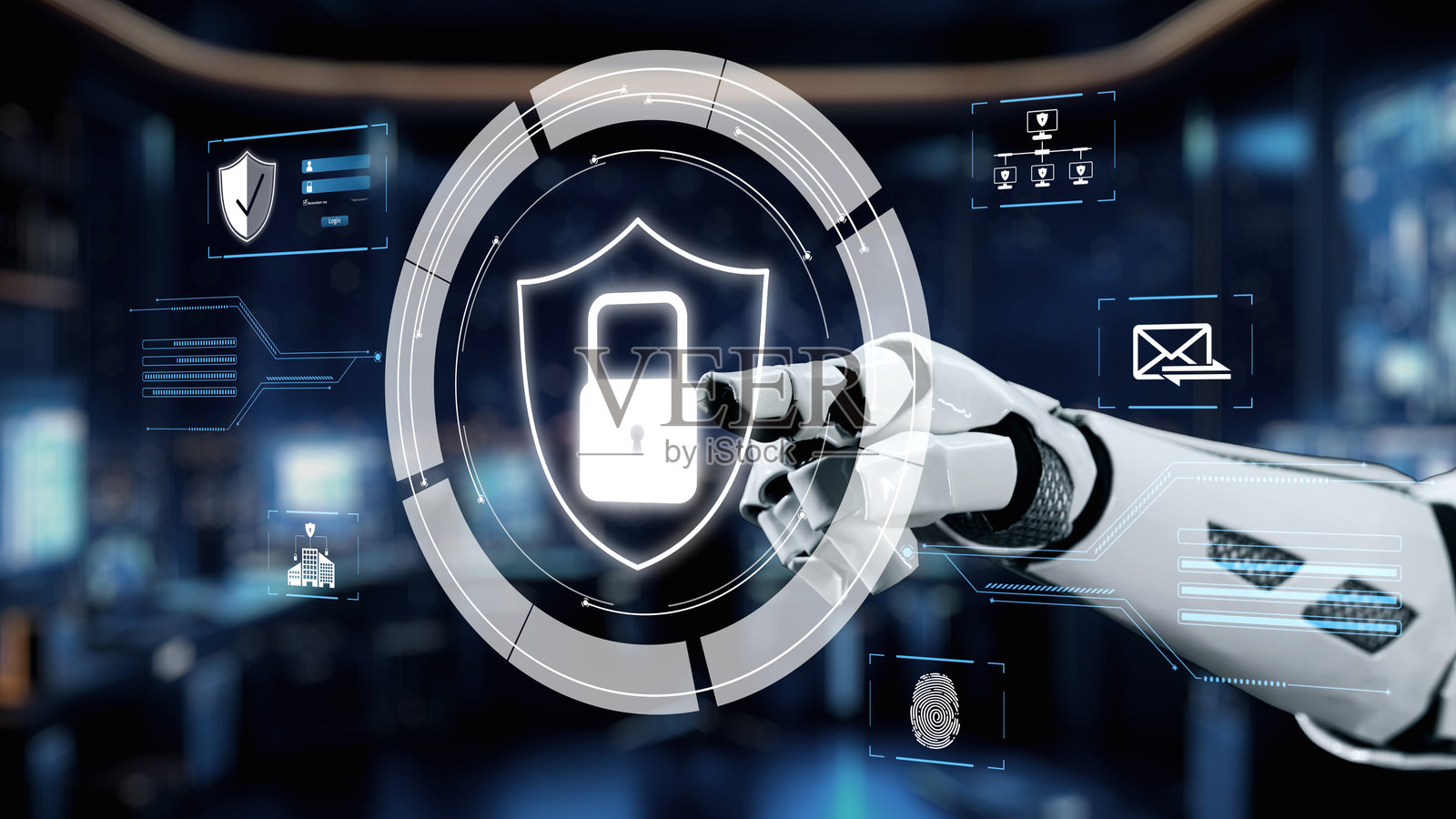 先进的机器人手与数字安全盾牌图标互动，展示未来科技界面中的网络安全概念和数据保护方法。Auvana照片摄影图片