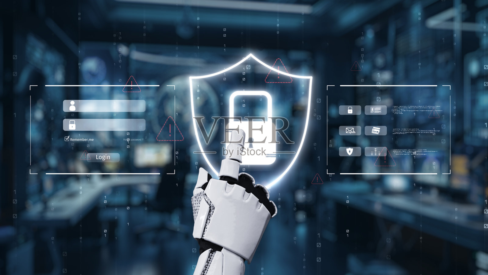 未来派机器人手与数字安全界面互动，旨在提供先进的网络安全解决方案和数据保护，适用于现代技术环境。Auvana照片摄影图片