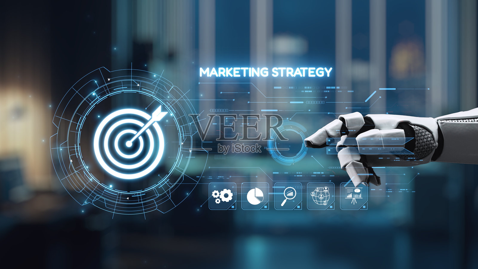 未来派机器人手与透明屏幕互动，展示现代办公室环境中的营销策略概念。Auvana照片摄影图片