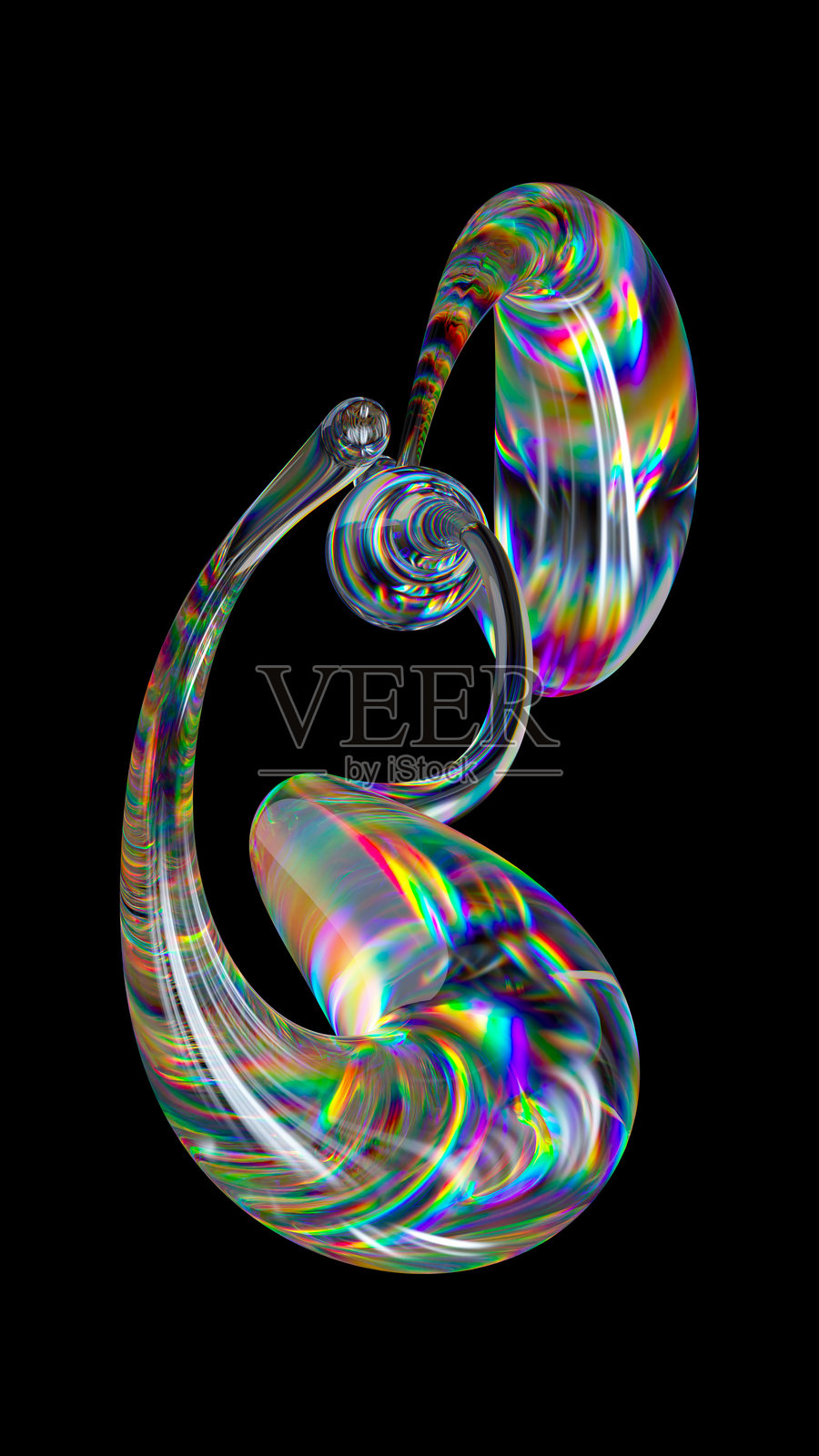 3D渲染，抽象液态玻璃形状，孤立在黑色背景上照片摄影图片