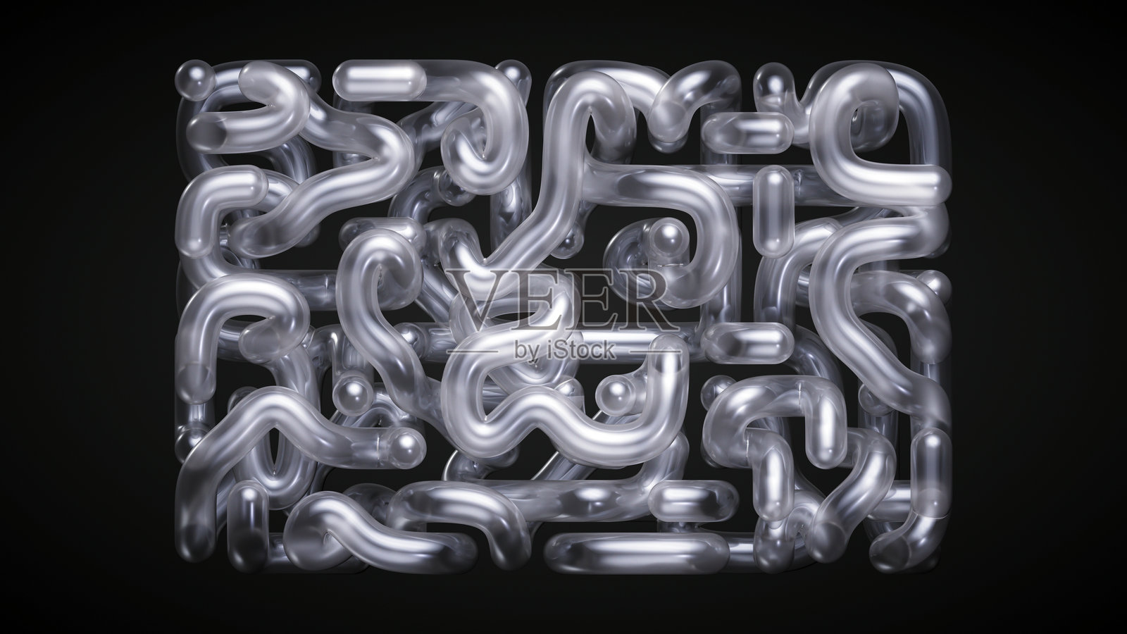 抽象几何迷宫结构，玻璃管在黑色背景下孤立，3D渲染照片摄影图片