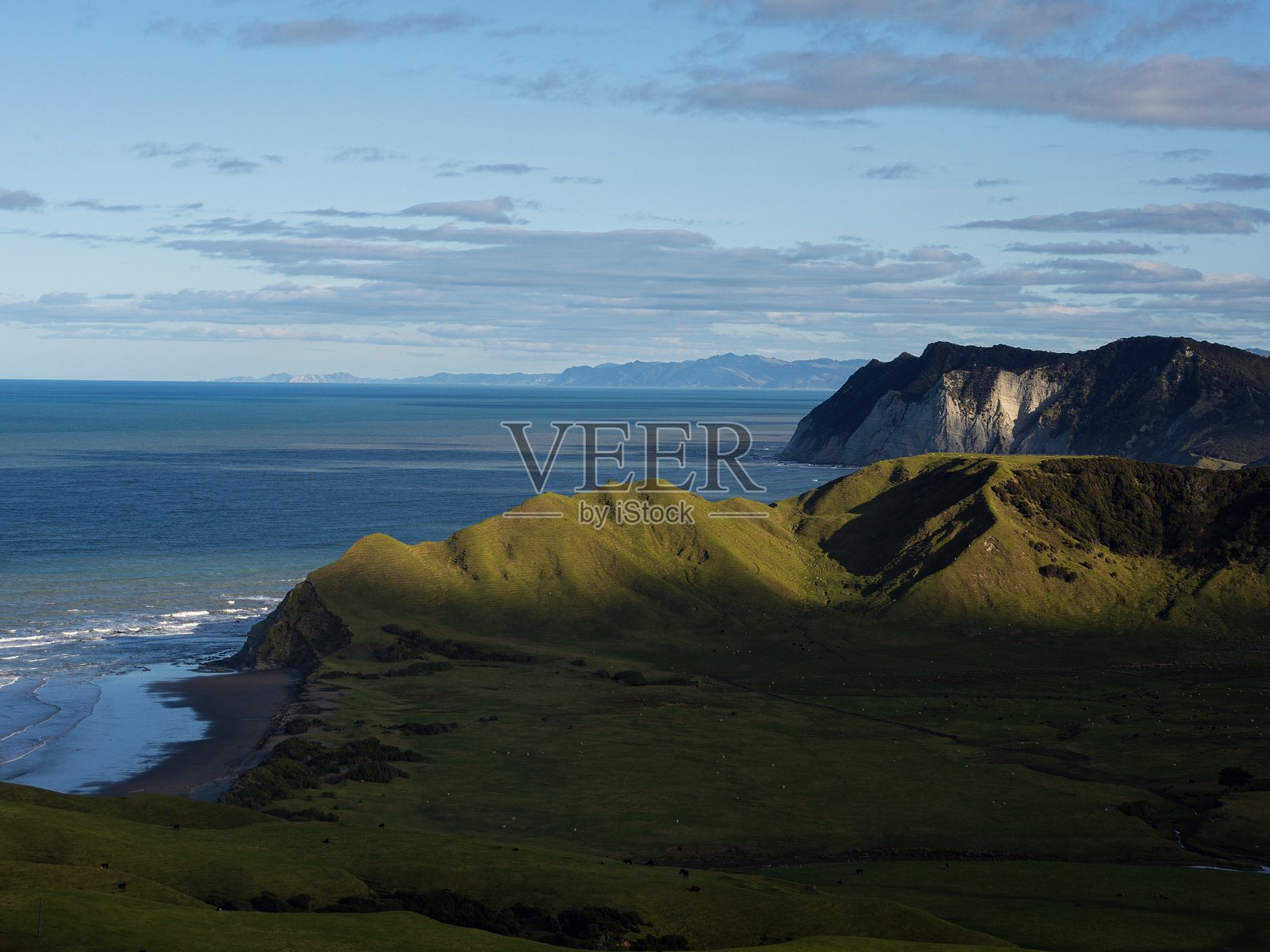 新西兰最东端的全景风景，绿色草地沿海植被，东角灯塔，特阿拉罗阿照片摄影图片
