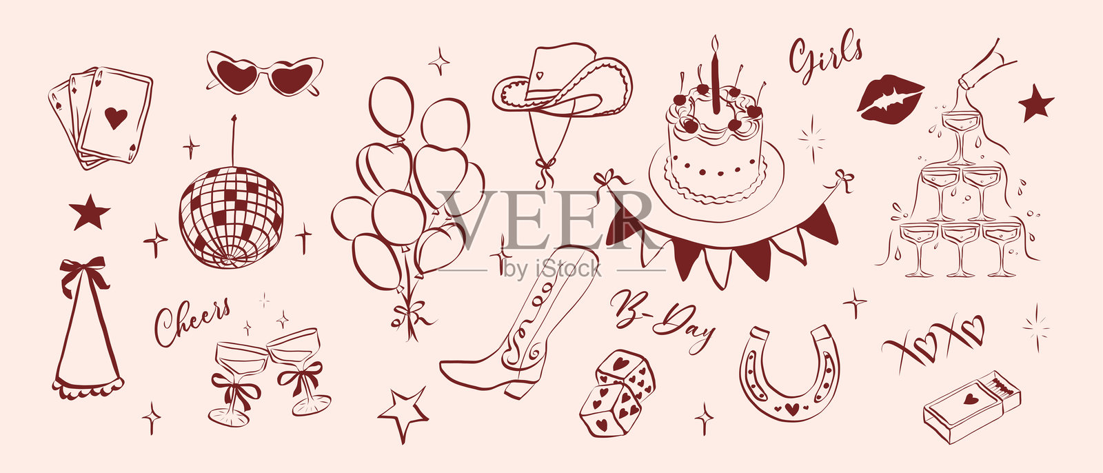 手绘的牛仔女孩，采用俏皮风格。复古的奇幻符号和蝴蝶结，适合单身派对和女孩生日派对。节日菜单和横幅的时尚艺术。涂鸦矢量插图。插画图片素材