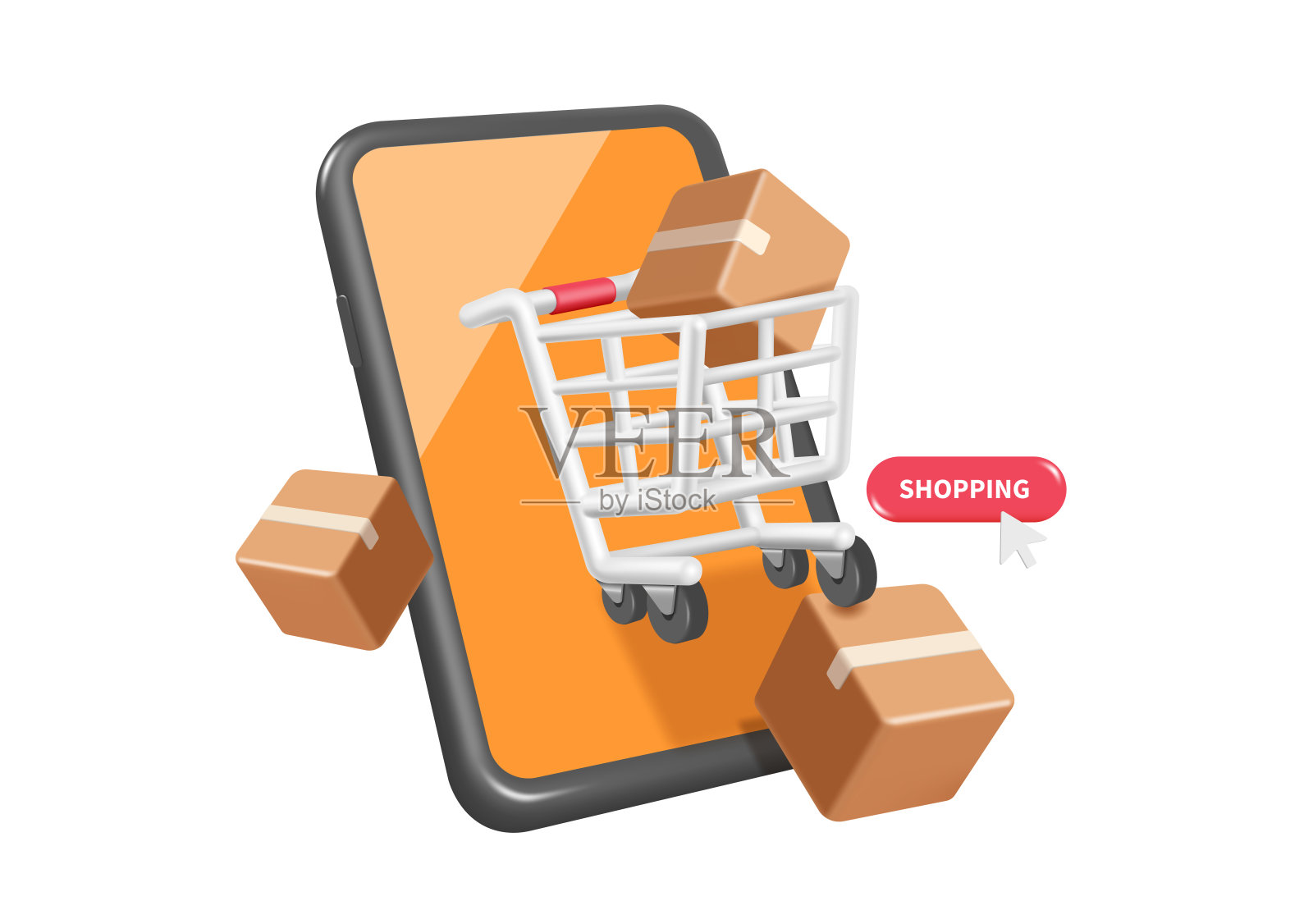 顾客在智能手机或移动电话上确认在线订单后，将包裹箱或纸箱放入购物车，适用于电子商务广告设计的矢量3D插图。插画图片素材