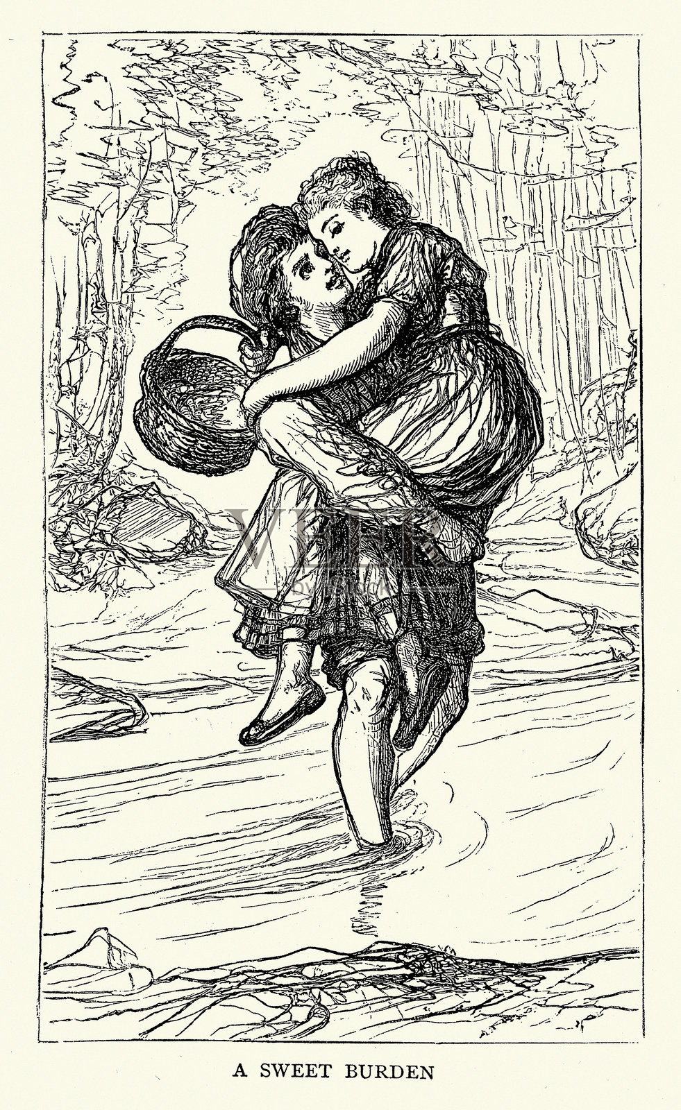 骑士风度的男友抱着女友跨过小溪，以免她的脚弄湿，阿尔伯特·路易斯·乌尔里希·亨德谢尔的德国人物素描，1870年代，19世纪插画图片素材