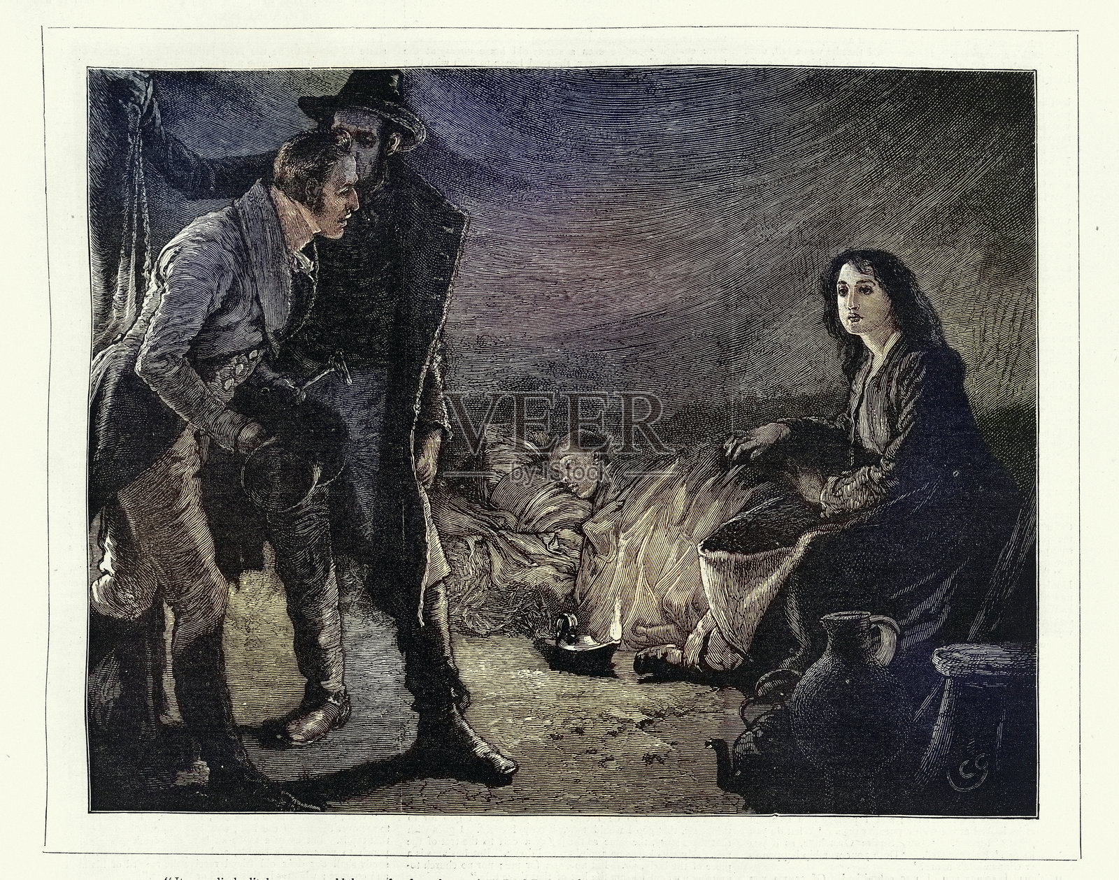 年轻女性在灯光下照顾生病的男性，出自R.D.布莱克莫尔的小说《克里普斯搬运工》，1870年代，19世纪插画图片素材