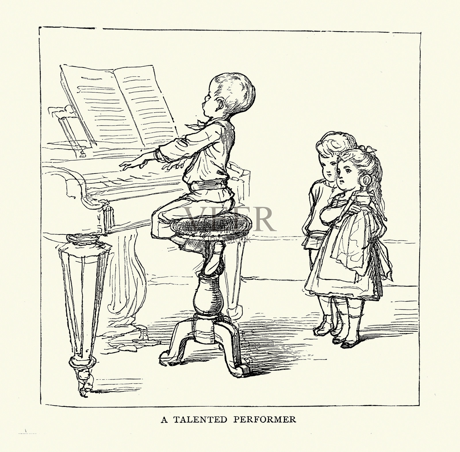 儿童神童，钢琴家，年轻男孩弹钢琴，阿尔伯特·路易斯·乌尔里希·亨德谢尔的德国人物素描，1870年代，19世纪插画图片素材