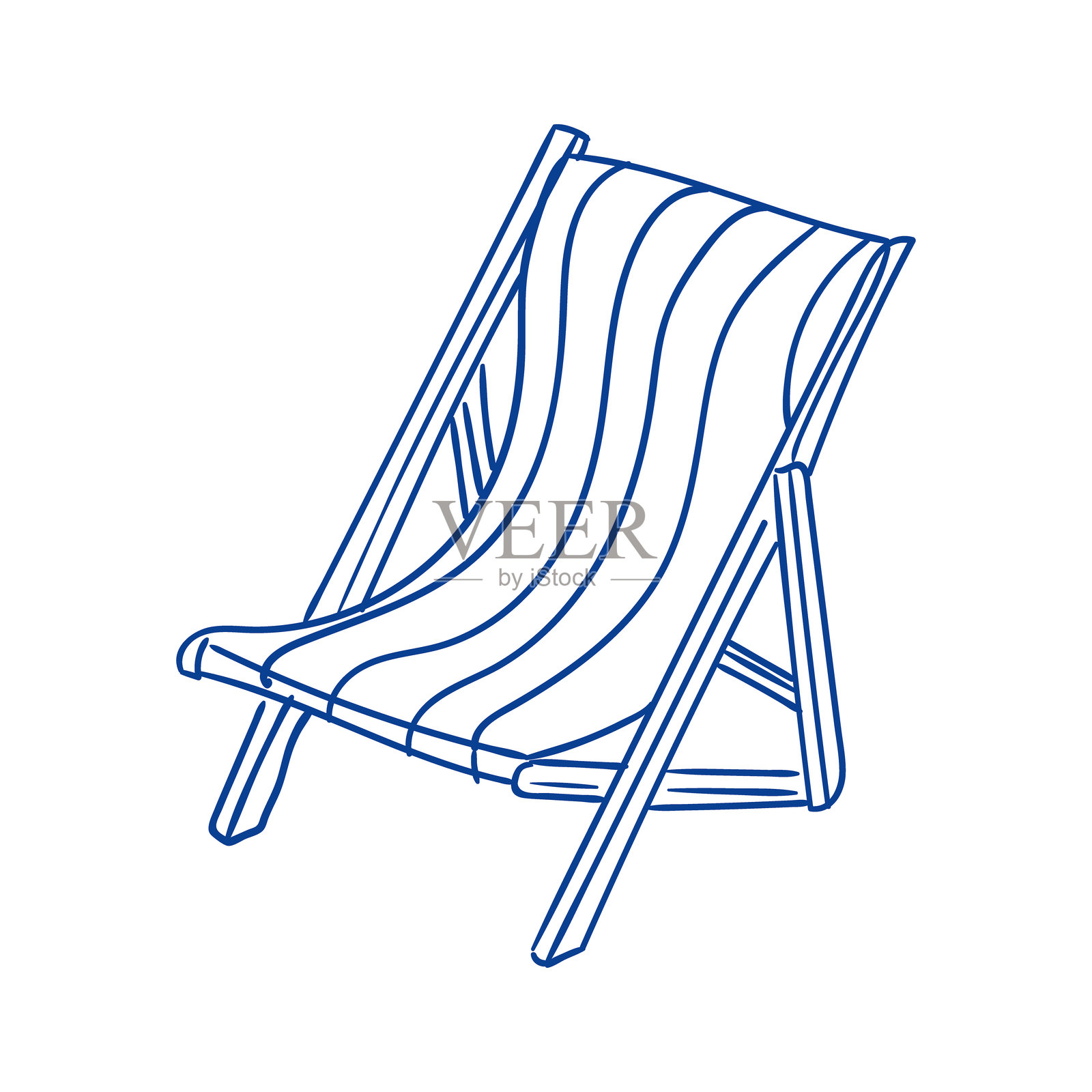 极简风格的放松沙滩椅设计，蓝色线条在白色背景上。插画图片素材
