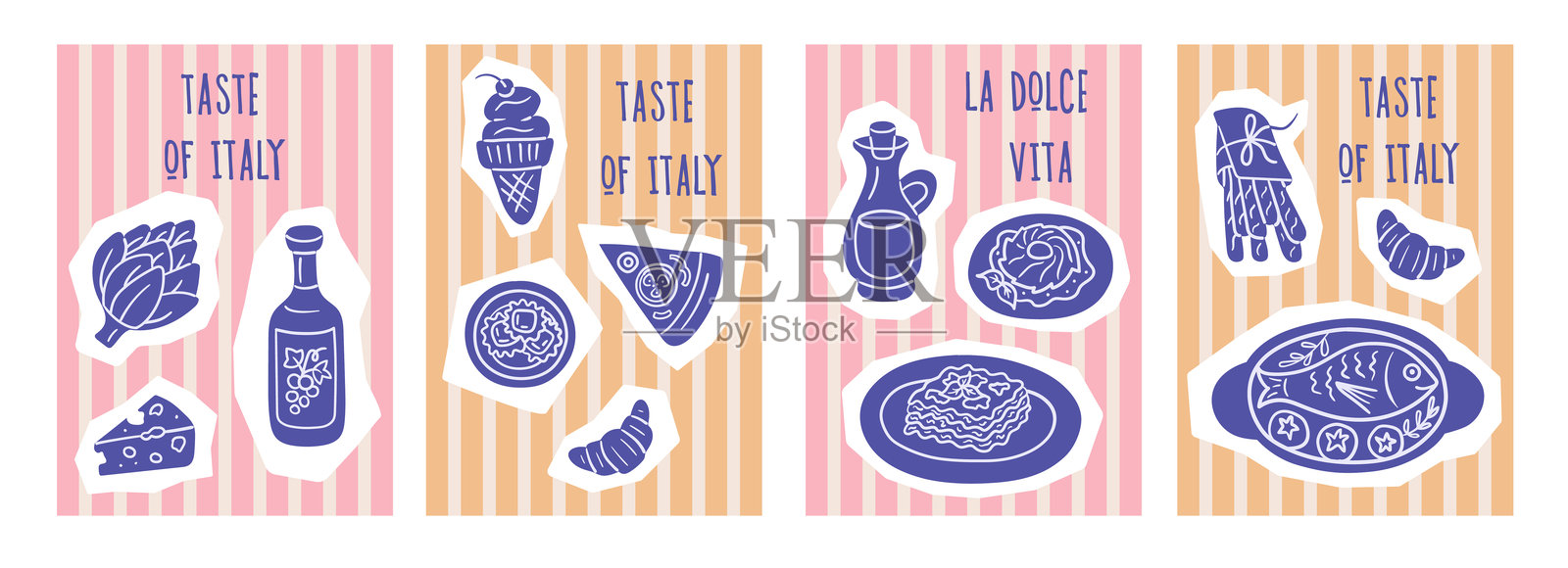 四张色彩鲜艳的意大利美食明信片，背景为条纹设计，剪切出食物插图。包含比萨、饺子、千层面、鱼、芦笋、奶酪和冰淇淋。插画图片素材