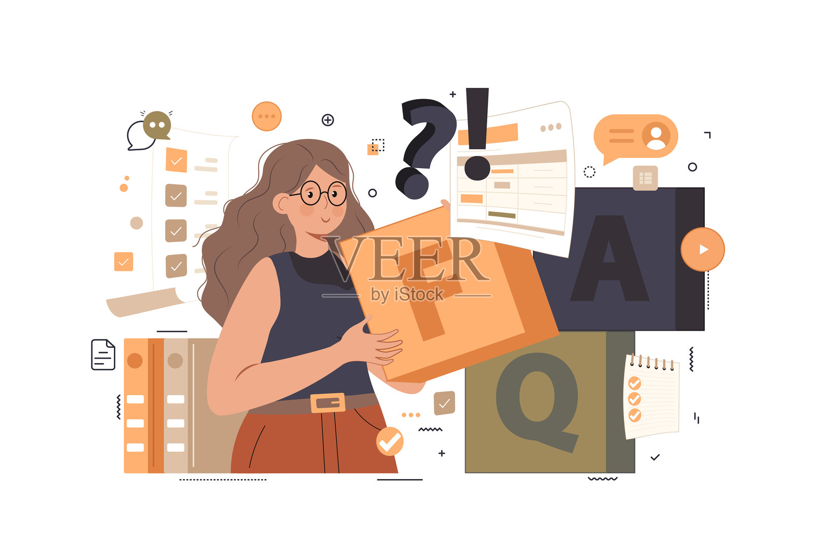 常见问题和帮助台插图。角色联系帮助台服务，询问问题并获得答案。客户支持概念。矢量插图。插画图片素材