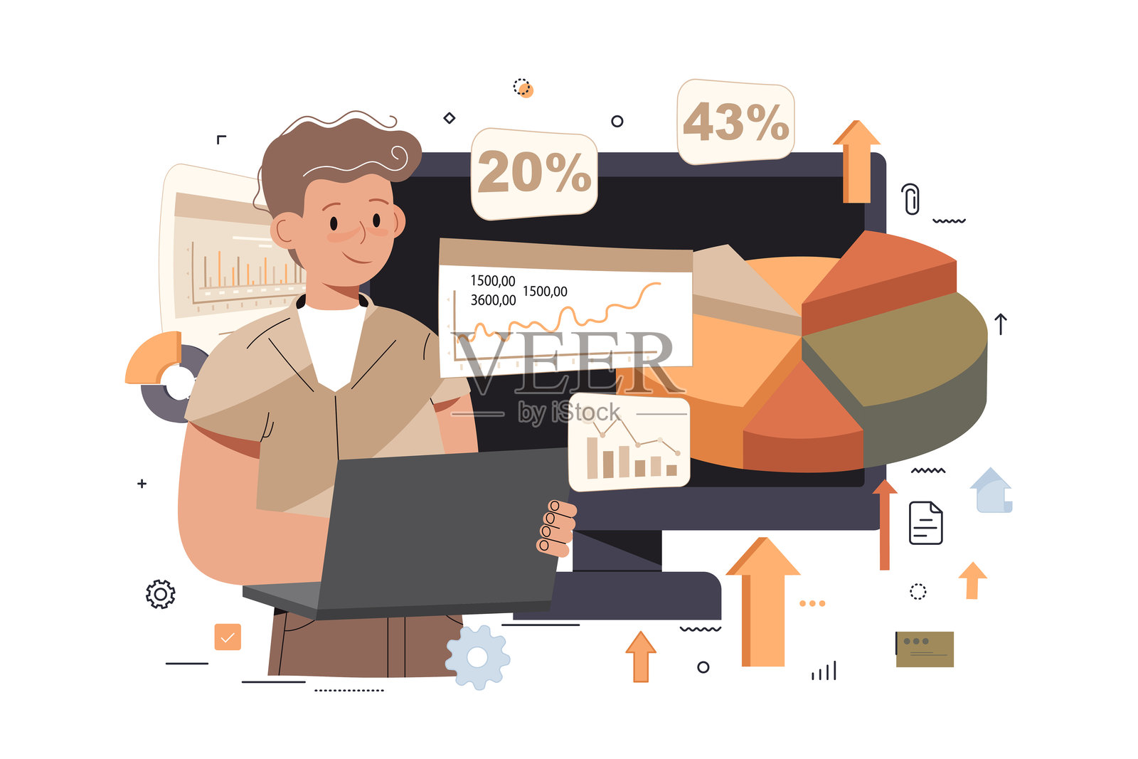 商业数据分析研究概念。商业金融投资图表分析报告，商人使用笔记本电脑。扁平矢量插图插画图片素材