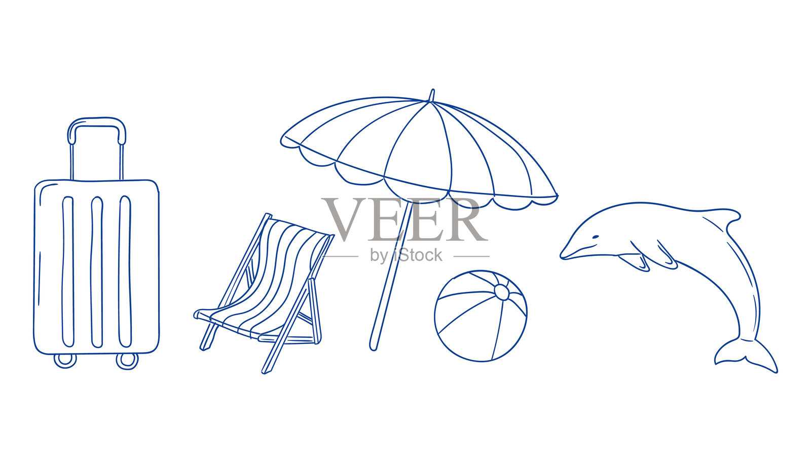 海滩度假必需品，包括行李箱、伞、椅子、球和海豚插画图片素材