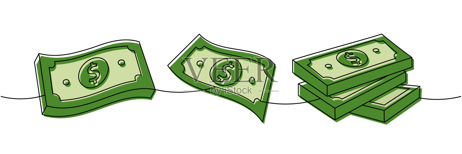 一行彩色的美元钞票连续绘制。投资与金融。矢量插图。插画图片素材