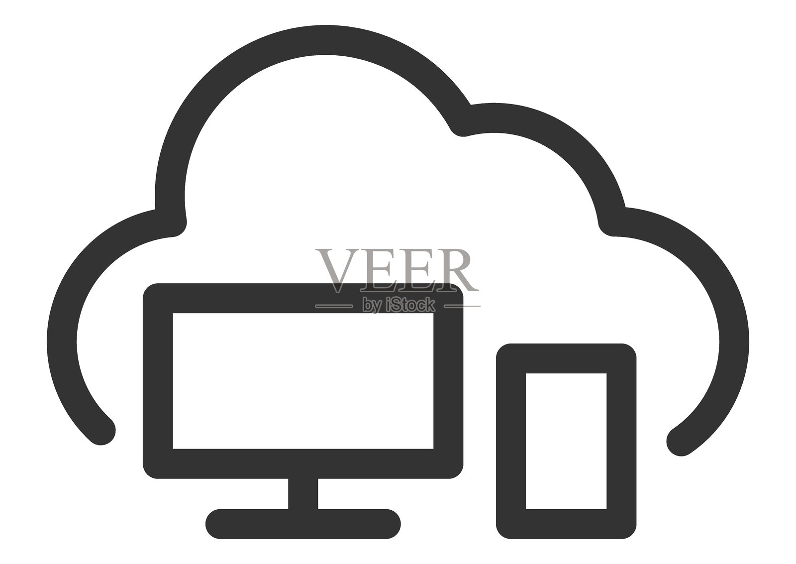 干净的线条图标描绘了云计算。展示了桌面和移动设备在云中。代表数据存储、网络访问或技术。非常适合用于网站、应用程序或演示文稿。插画图片素材