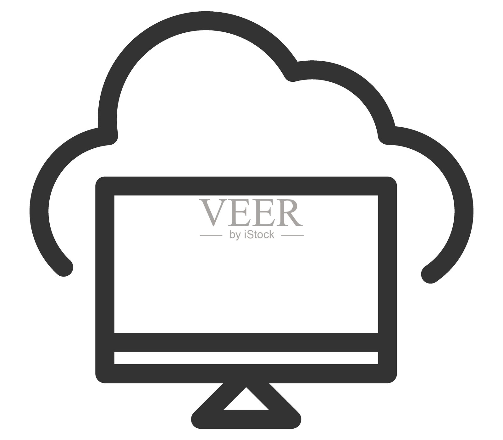 干净的线条图标，描绘了一个云中的桌面电脑。代表云计算、数据存储和远程访问。适用于IT、科技和商业场景。插画图片素材