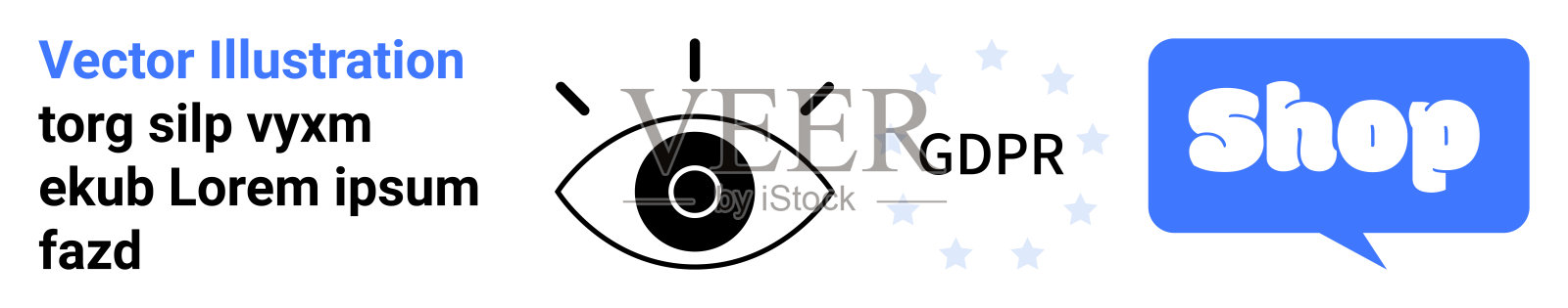 带有GDPR和购物气泡的眼睛图标，适用于安全、合规、电子商务、数字营销和在线业务插画图片素材