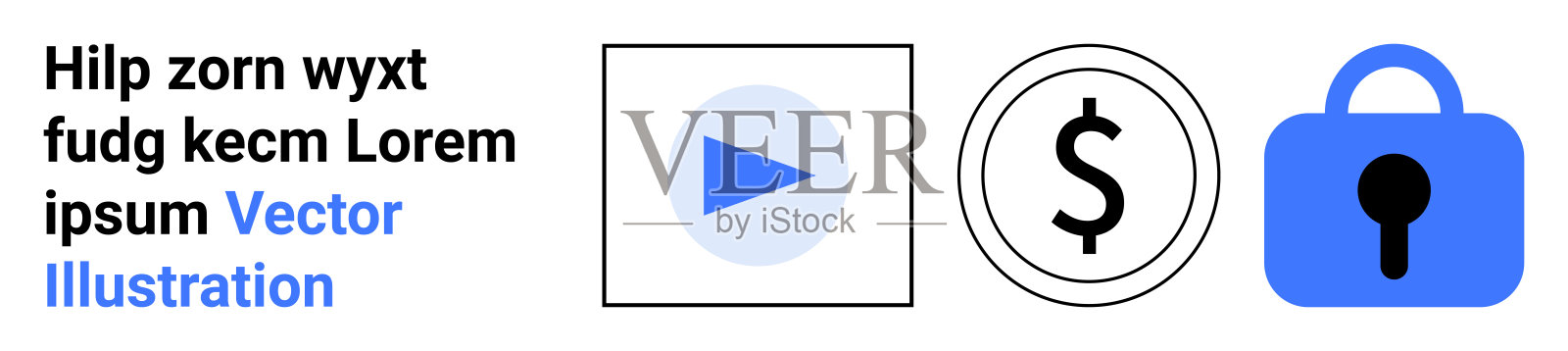 播放按钮、美元符号和锁图标，附带金融和安全概念的示例文本插画图片素材