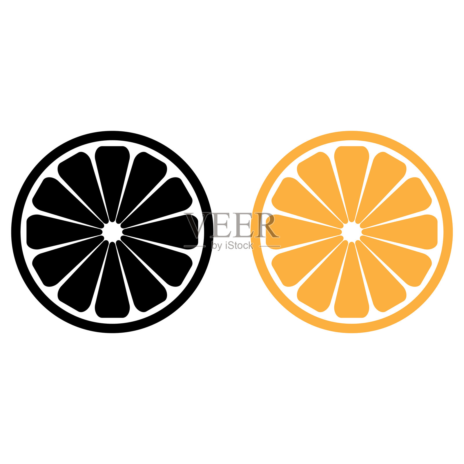 黑色和橙色的橙子切片图标集。柑橘类水果半切片图标矢量图。插画图片素材