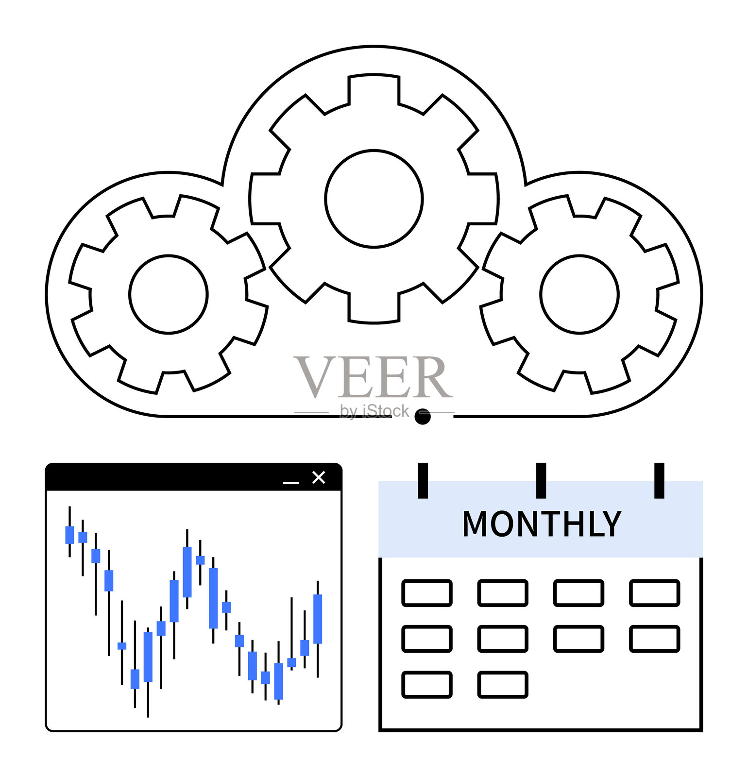 云技术集成与每月数据分析及流程优化的工具插画图片素材