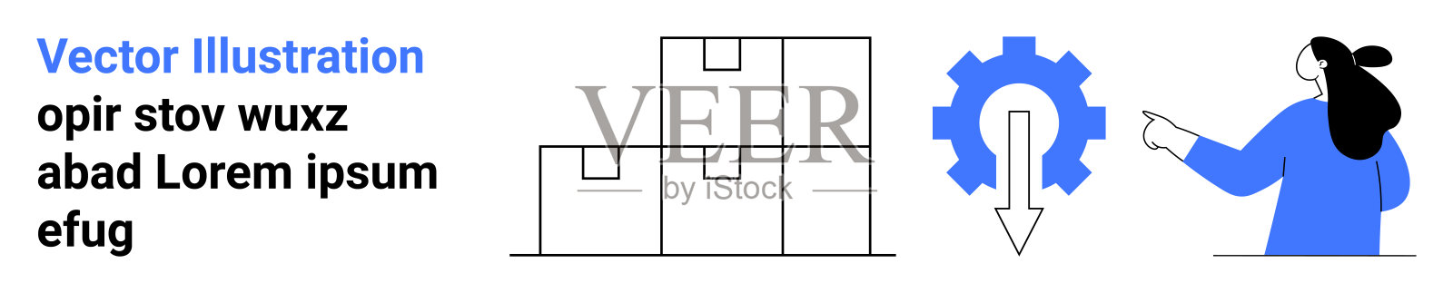 仓库流程自动化概念，堆叠的箱子、齿轮和指向下载图标的人插画图片素材