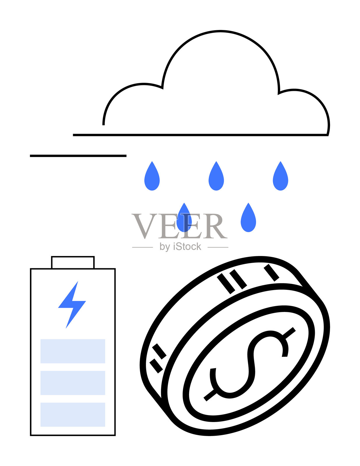 硬币、电池和云的描绘，象征着金融与可持续发展的节约与能源保护插画图片素材