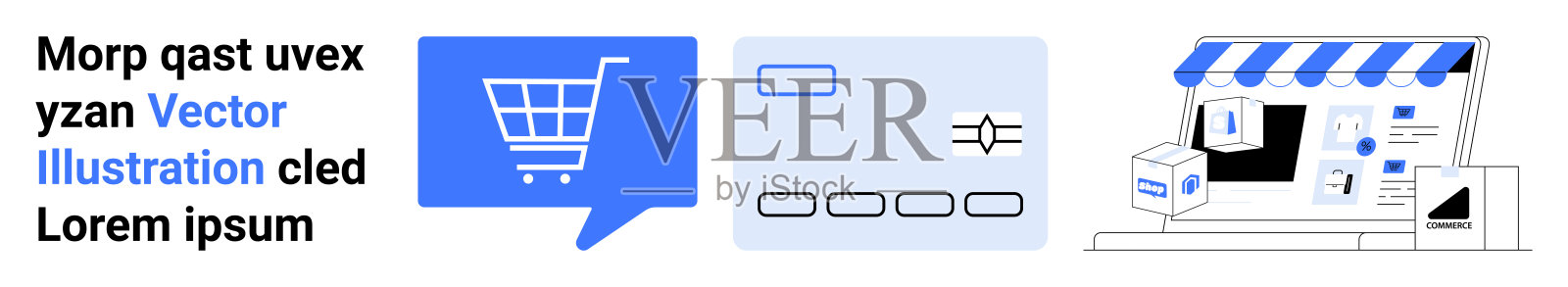 在线购物和电子商务概念，包含购物车、信用卡和店面插画图片素材