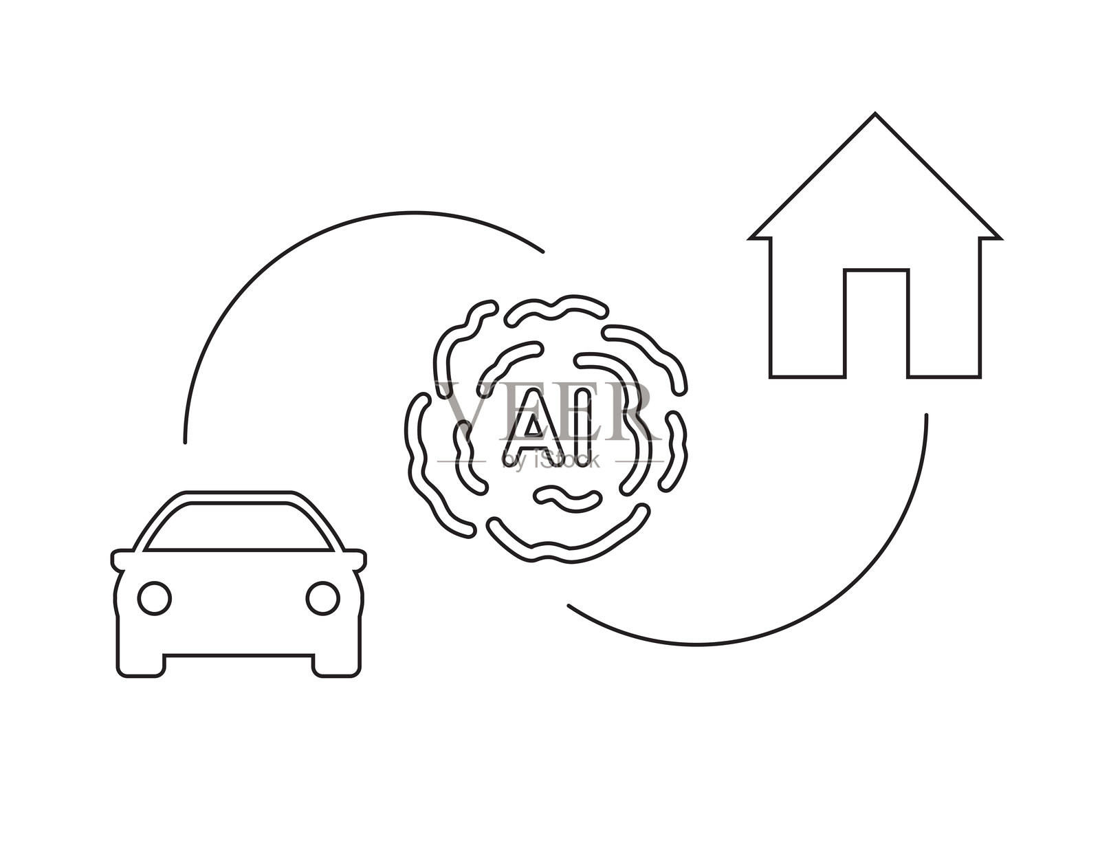 抽象形状的人工智能图标控制着房子和汽车。插画图片素材