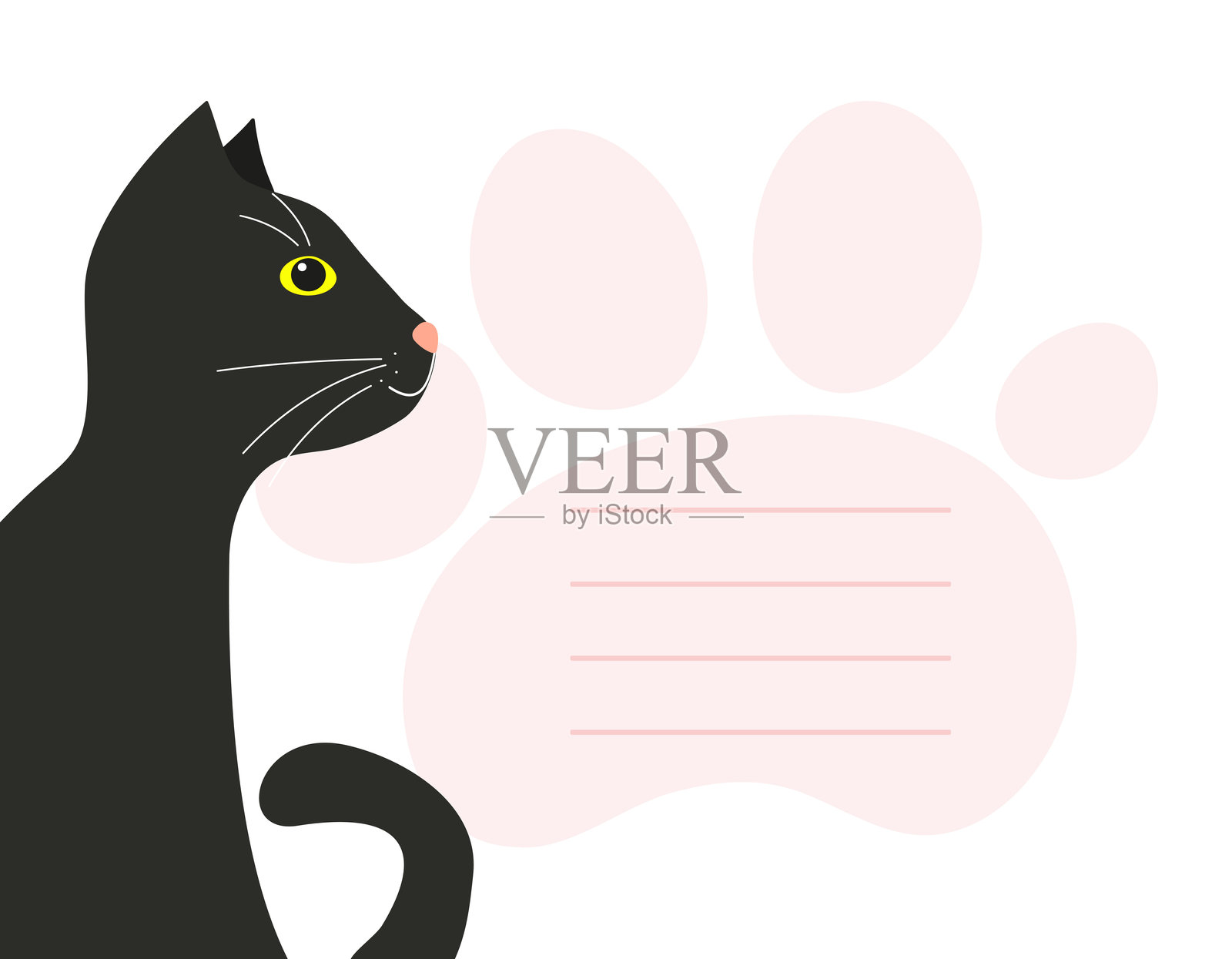黑猫，脚印，宠物。宠物产品推广，流浪动物领养。明信片、横幅的背景，留白处可放置文字。插画图片素材