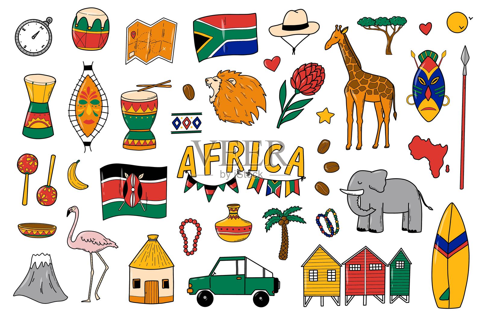 非洲涂鸦，卡通元素套件，剪贴画插画图片素材