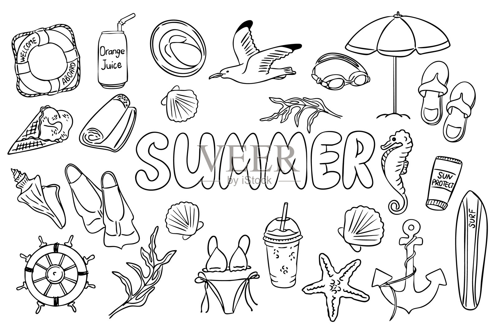 黑白夏季涂色页插画图片素材