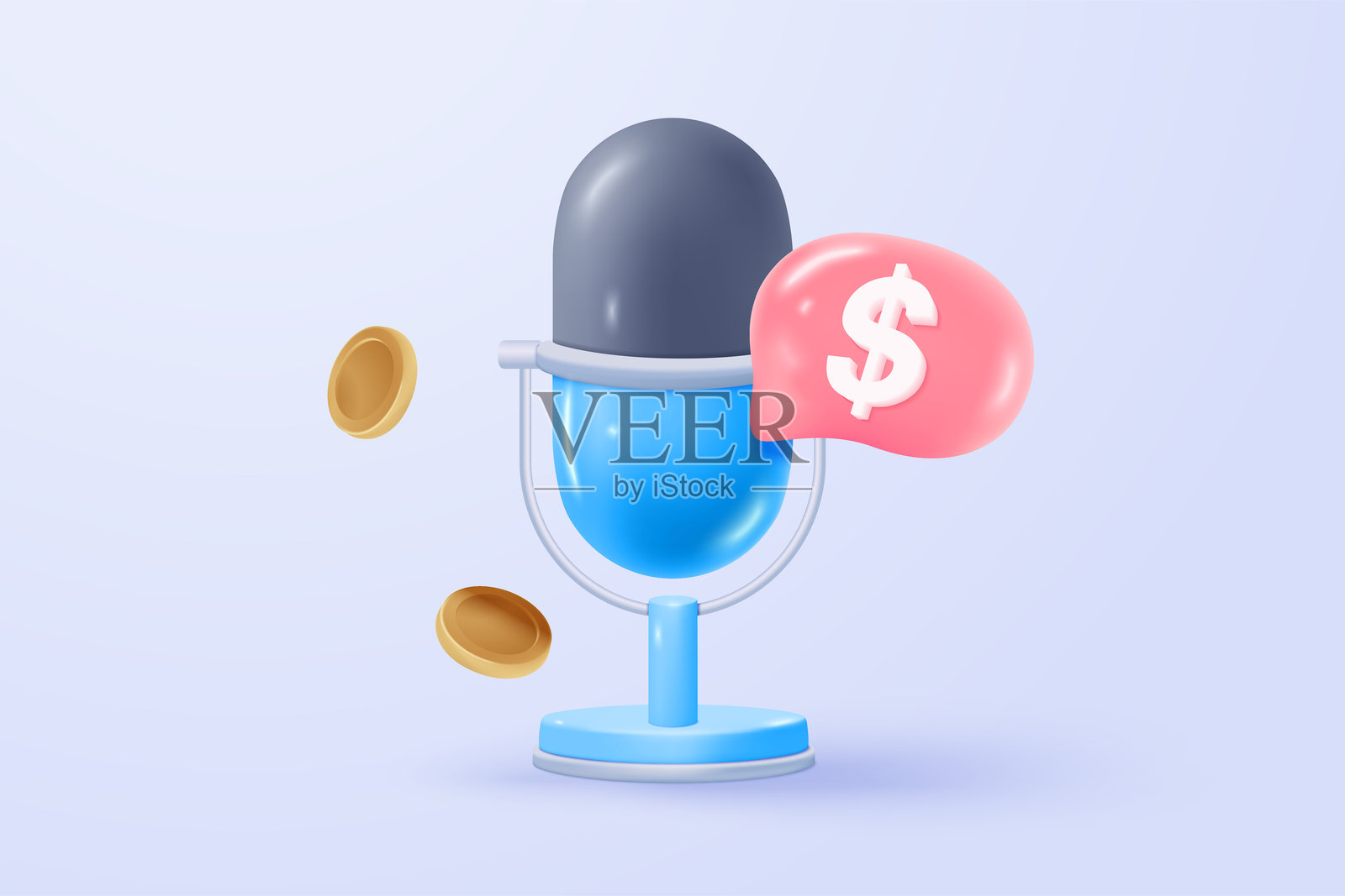 3D歌手图标，带有声音播客的被动收入标志。麦克风录音用于音乐歌手和歌曲或音频播客概念。3D声音图标矢量渲染插图，适用于尖叫和大声噪音。插画图片素材